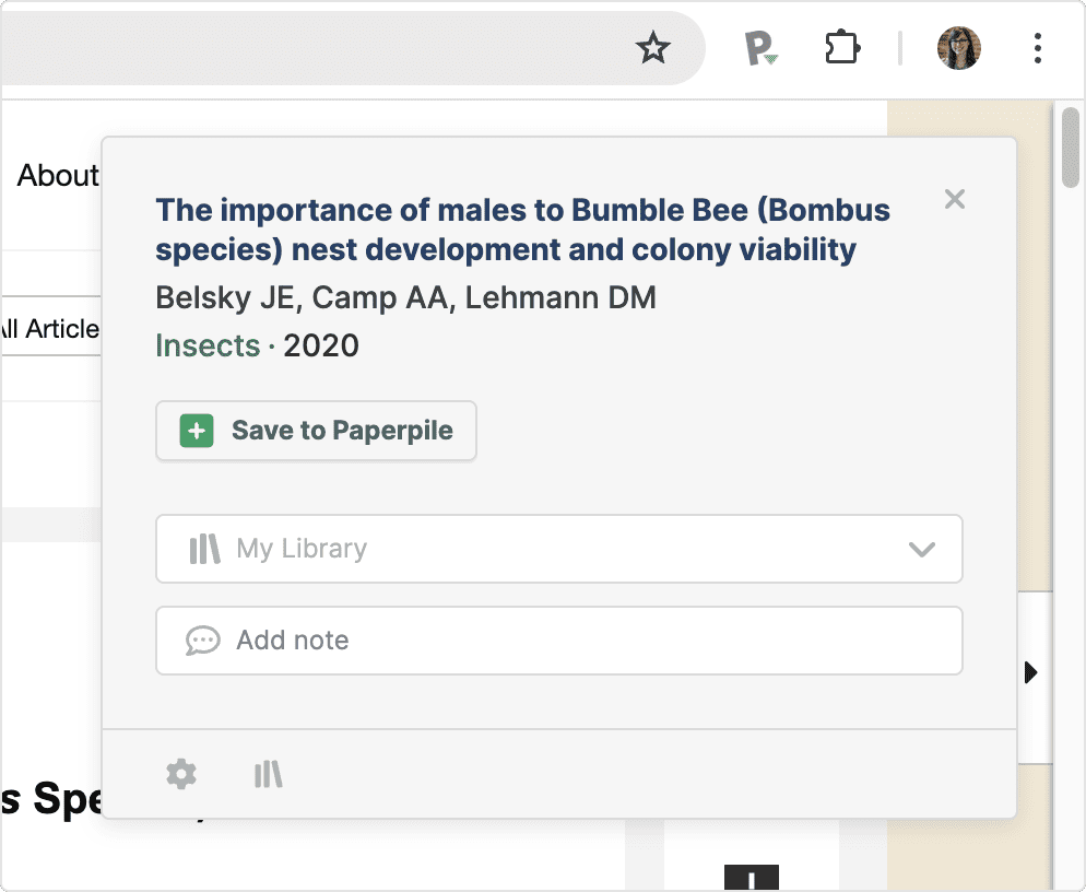 The Paperpile extension popup on a journal page, showing the detected reference title, authors and year with a “Save to Paperpile” button, a “My Library” destination selector and an “Add note” field.